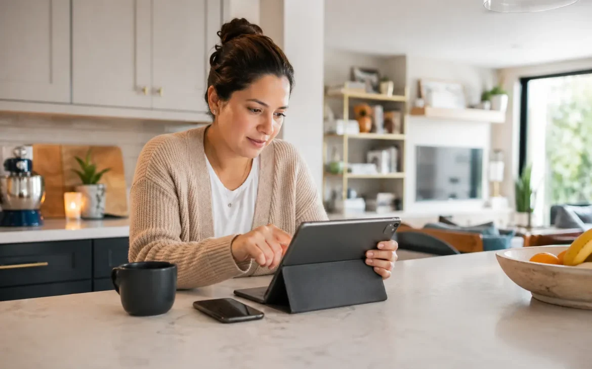 A person sitting at a kitchen island using a tablet and smartphone to manage smart home devices in a modern, lived-in home