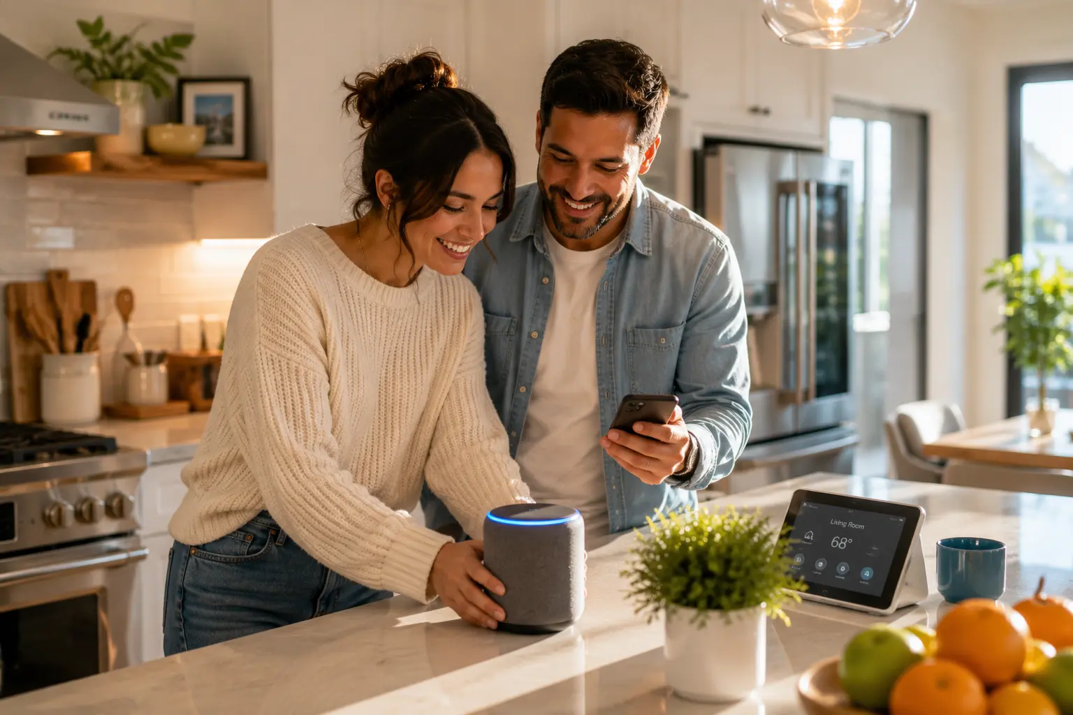 A young couple setting up a glowing smart speaker in a bright modern kitchen, showing how reliable internet supports connected smart home devices.