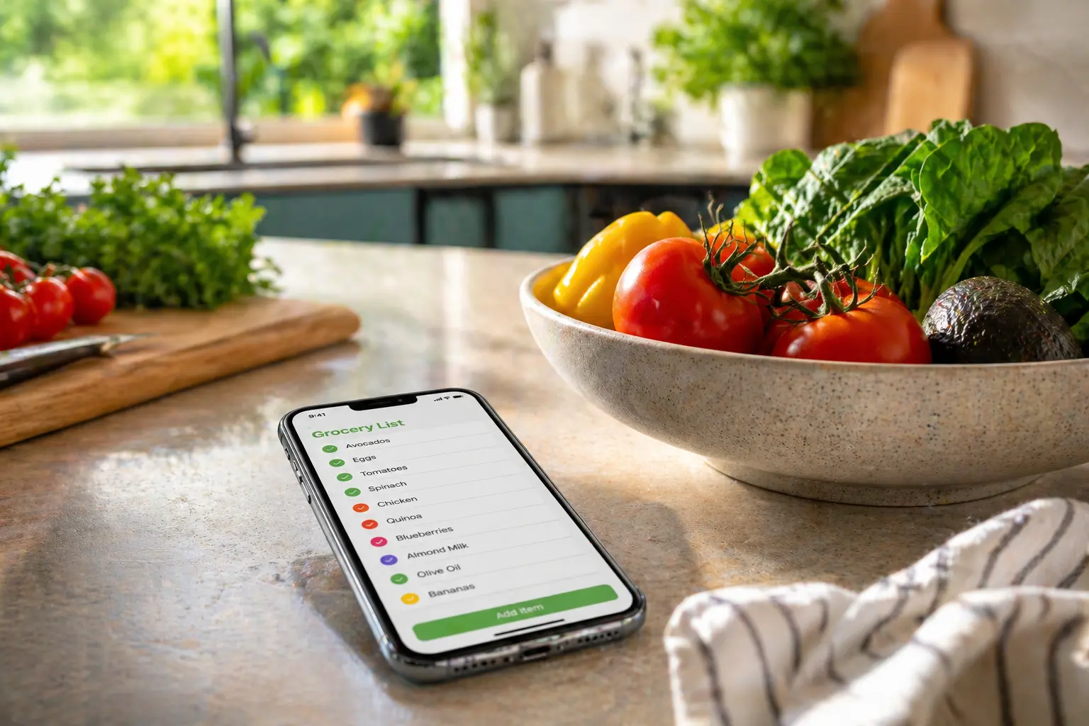 A smartphone displaying a grocery list app rests on a kitchen counter beside a bowl of fresh vegetables in a bright, modern kitchen