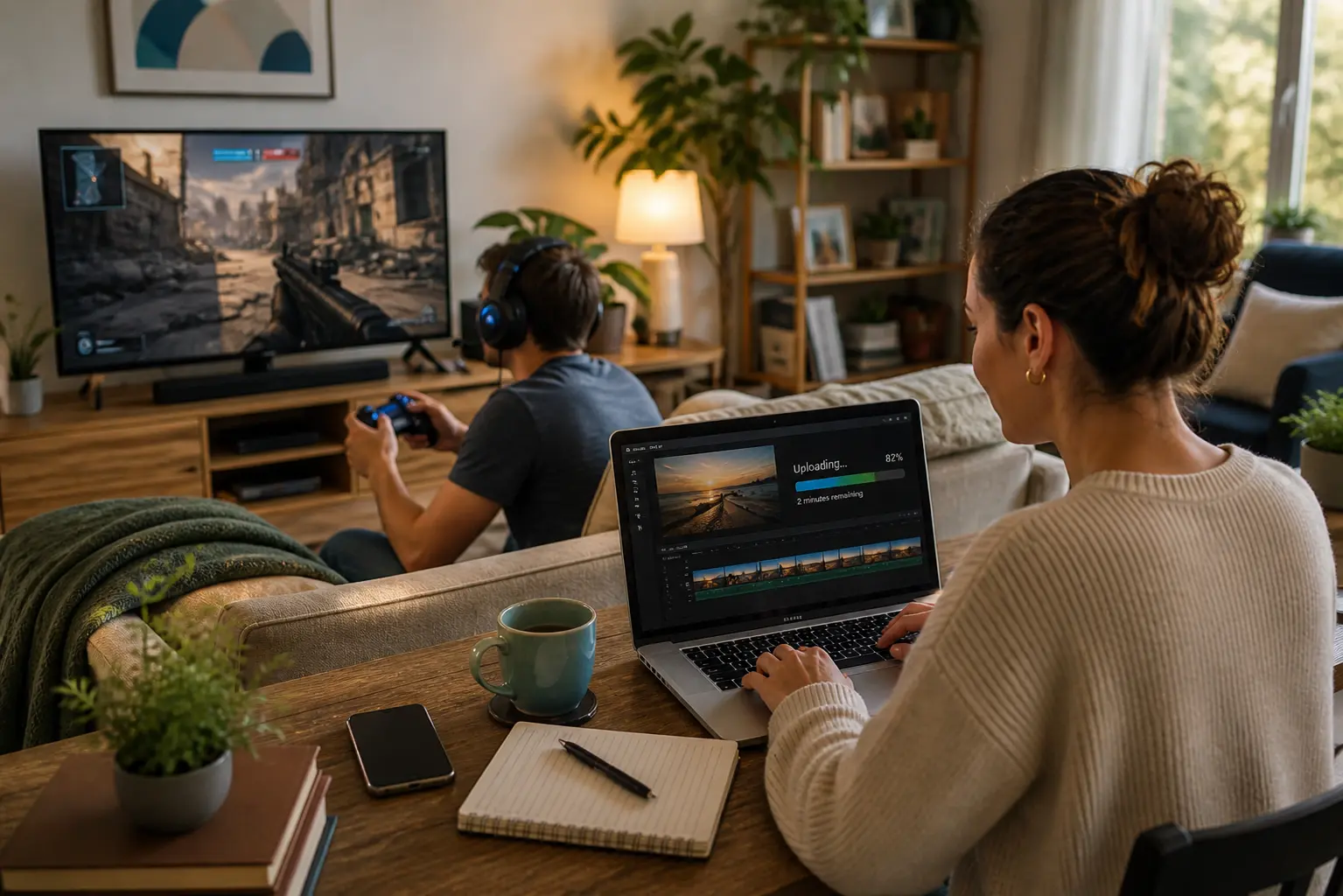 Person uploading content on a laptop while another person plays a video game on a TV, showing simultaneous upload and download activity in a modern home