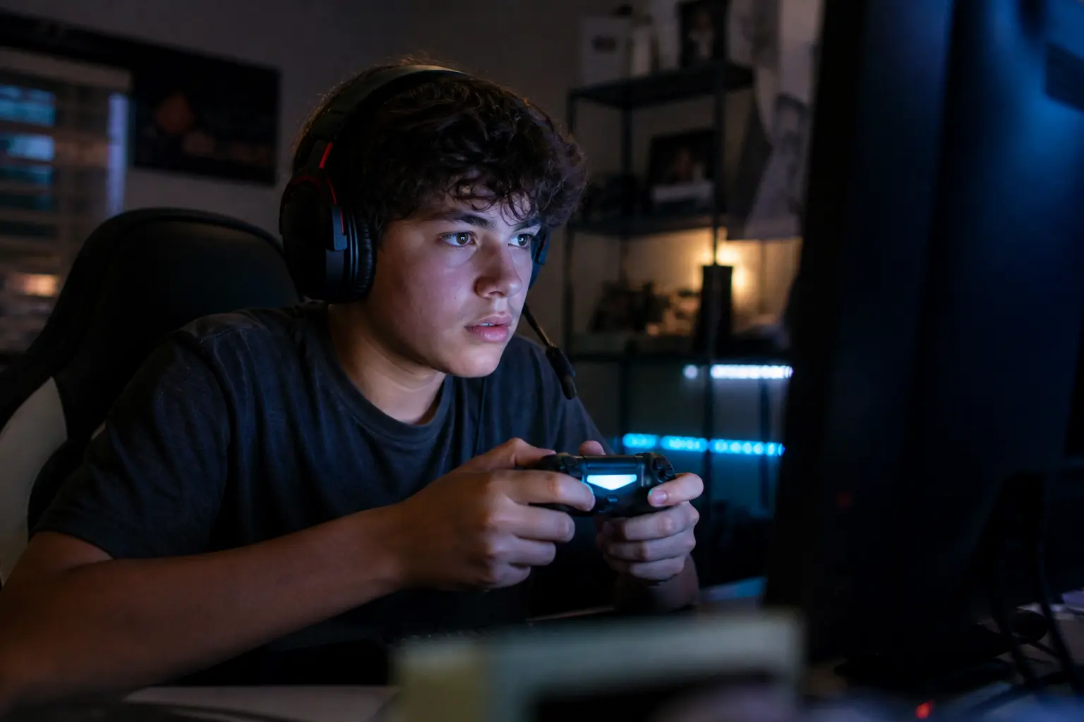 Teenager wearing a gaming headset and holding a controller, focused on gameplay in a dimly lit room illuminated by a monitor glow