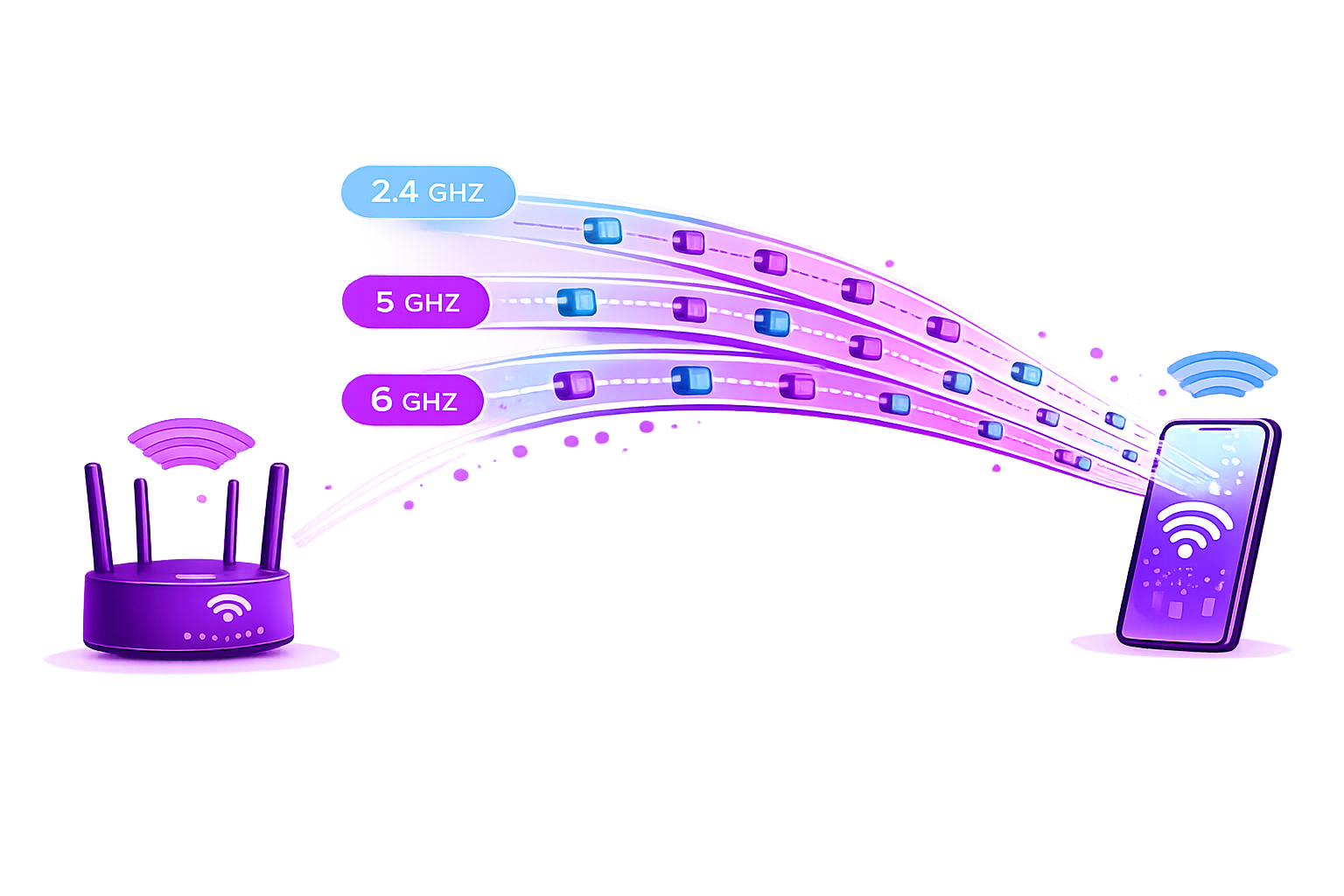 Flat illustration showing Wi-Fi 7 multi-link operation distributing data packets across 2.4 GHz, 5 GHz, and 6 GHz bands between a router and a smartphone