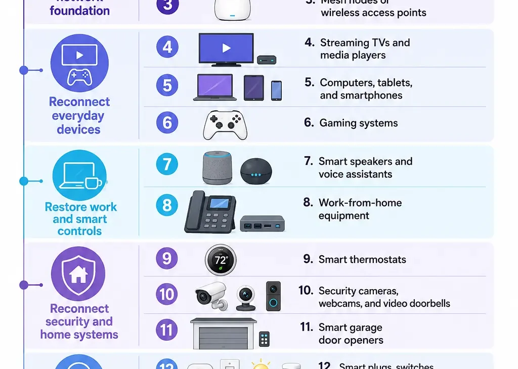 Best order to reconnect devices after changing your Wi-Fi SSID Infographic showing the recommended order for reconnecting a fiber connection box, router, computers, smart-home devices, security equipment, appliances, and other technology after changing a Wi-Fi SSID.