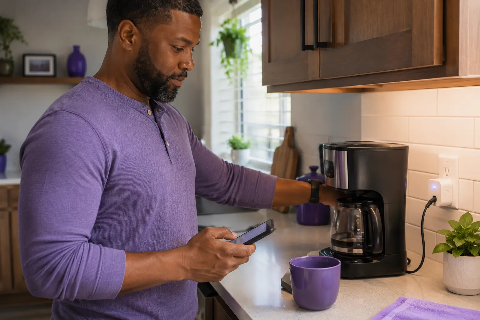 Updating a smart plug connected to a coffee maker Dad using his smartphone to update a smart plug connected to a coffee maker on a bright kitchen counter with purple accents.