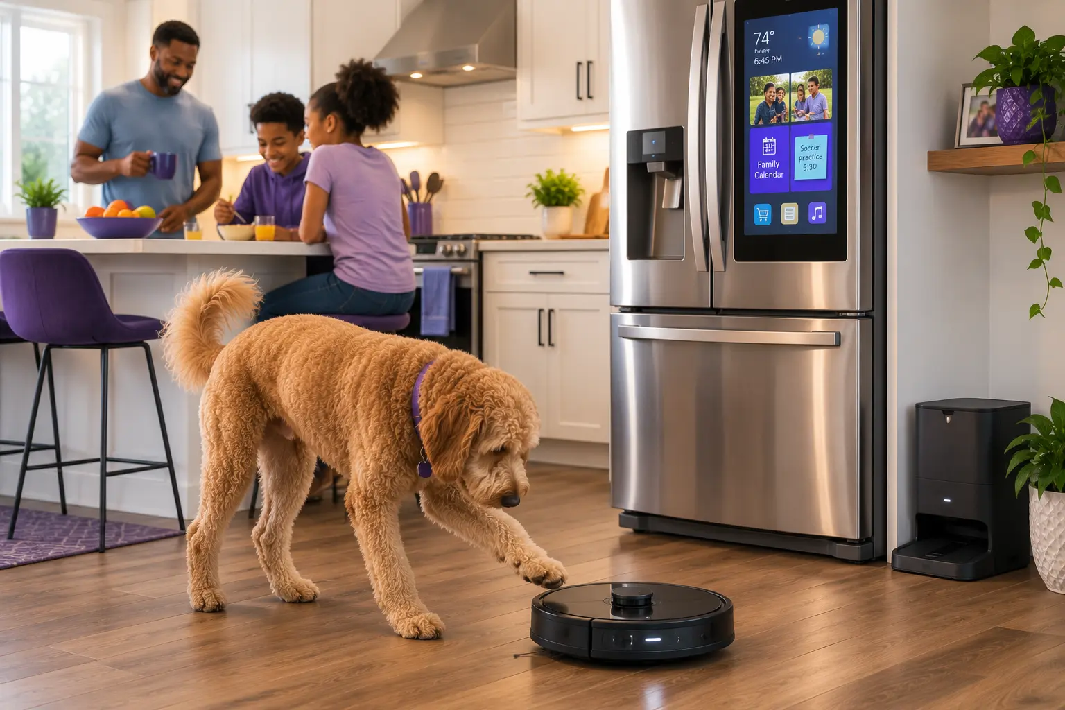 6. Finish with office utilities, appliances, and specialty accessories (Step 13) A family dog playfully interacting with a robot vacuum in a modern kitchen with a smart refrigerator.