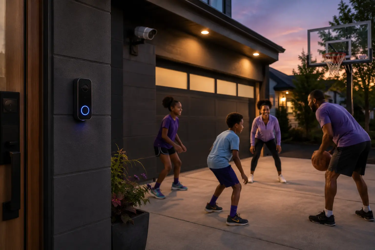 Family basketball game outside a connected home A family playing basketball in a driveway at dusk near a glowing smart video doorbell and a security camera mounted above the garage.