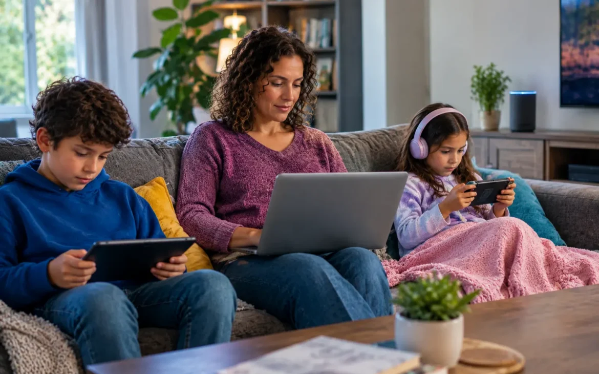 Family using connected devices at home A mother uses a laptop while two children use a tablet and handheld game console in a living room with a smart speaker nearby.