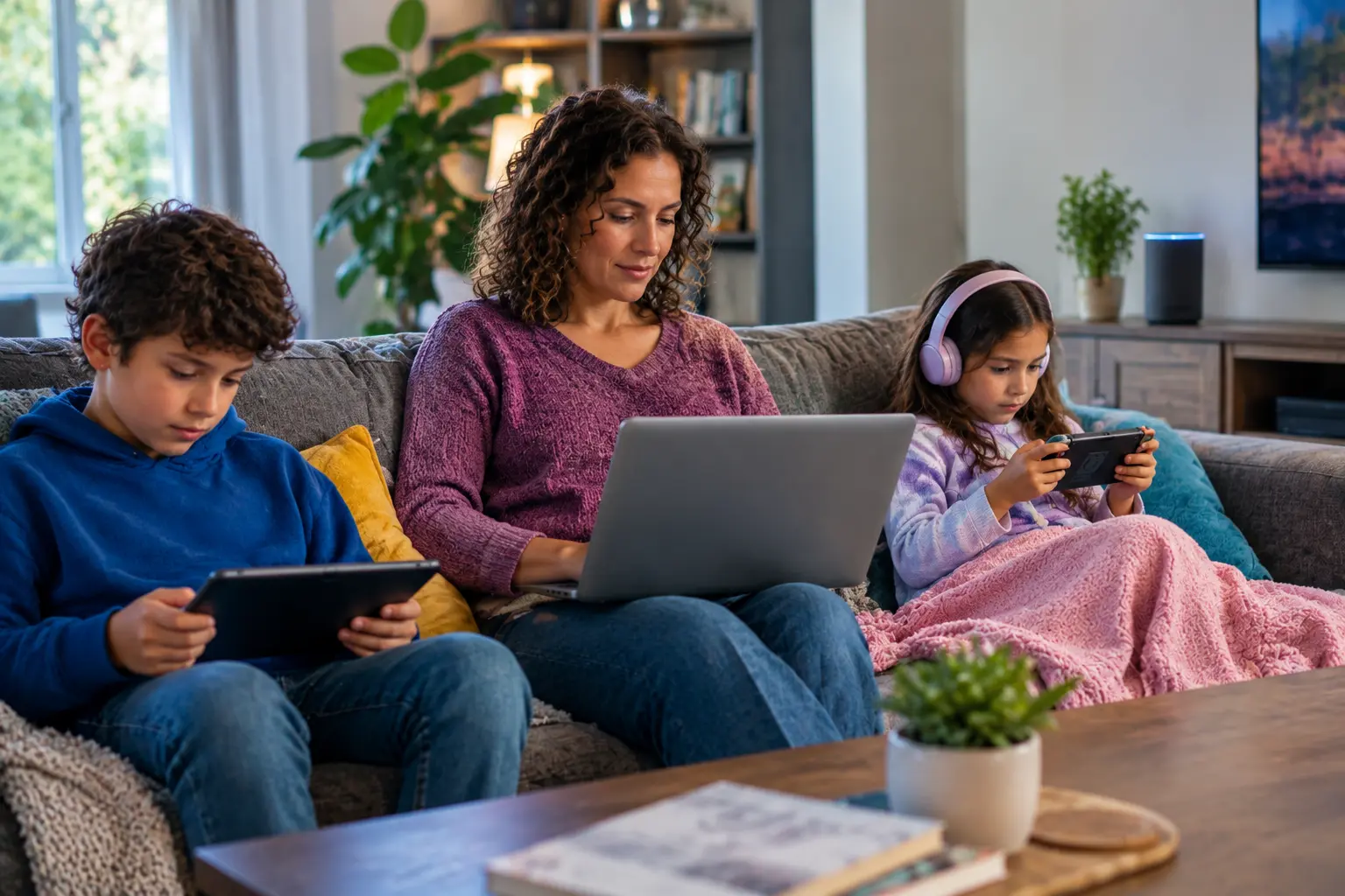 A mother uses a laptop while two children use a tablet and handheld game console in a living room with a smart speaker nearby.