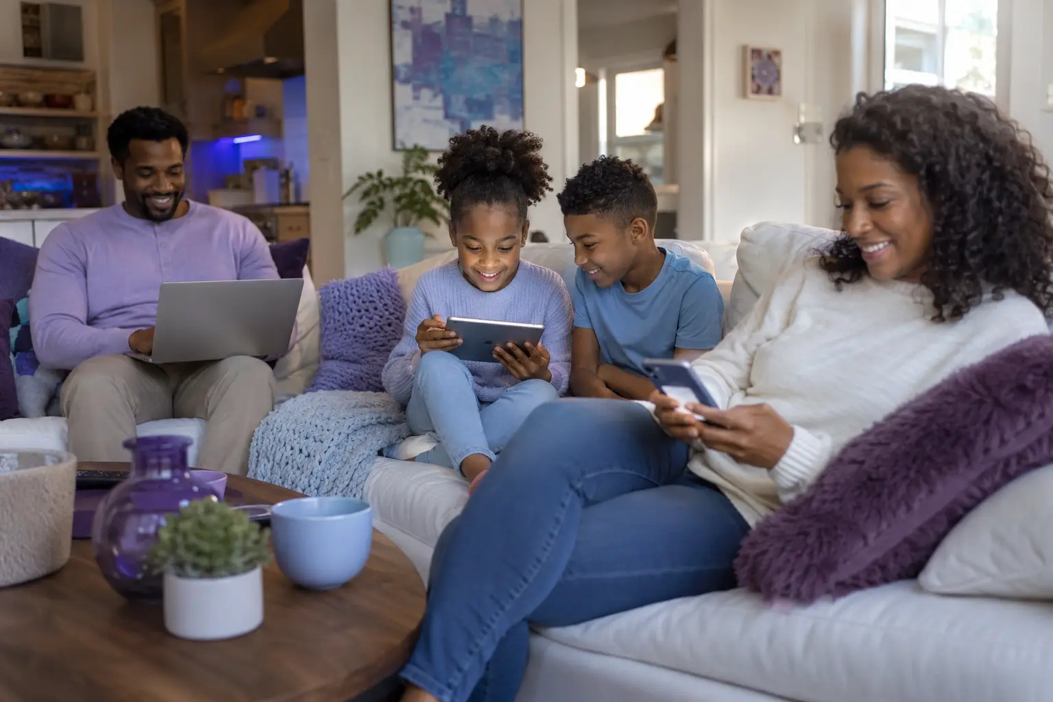 Family using connected devices at home A family using a laptop, tablet, and smartphone together in a cozy living room