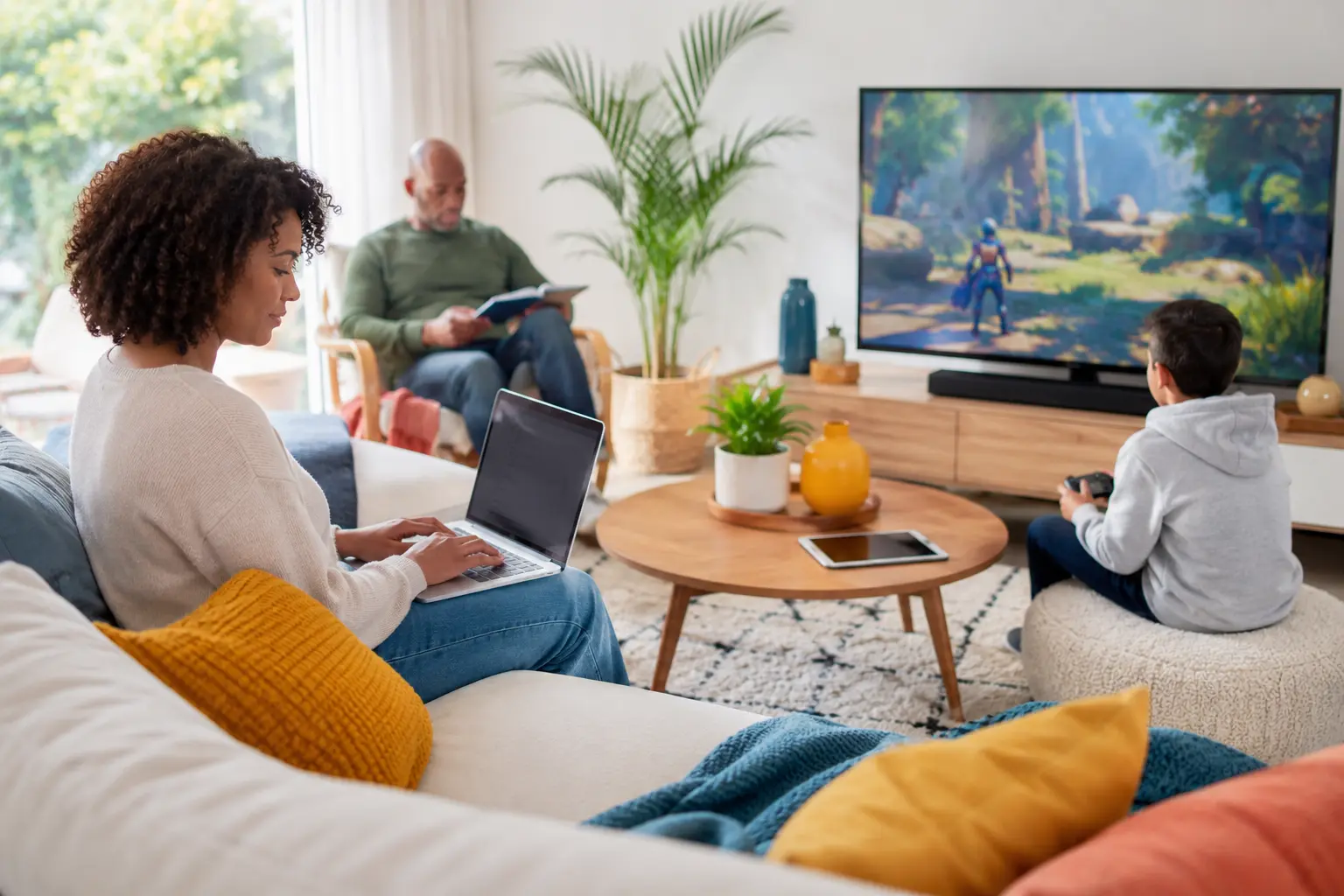 A family uses multiple connected devices in a bright modern living room, including a laptop, video game console, TV, and tablet.