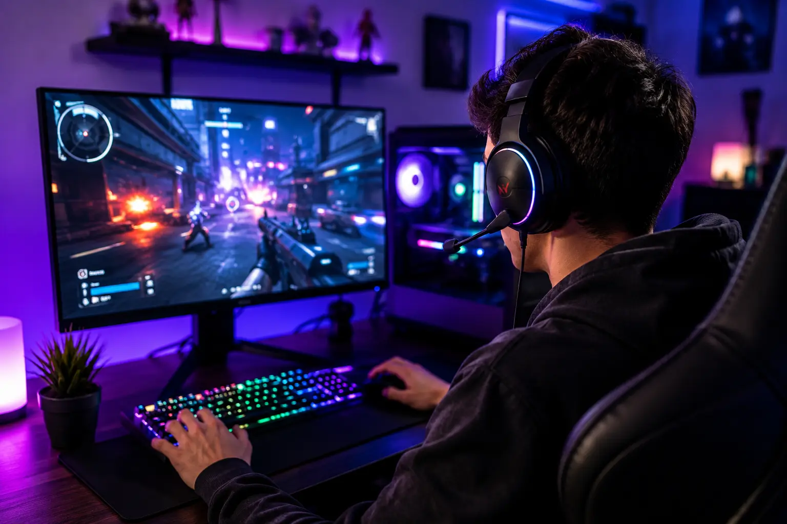 Over-the-shoulder view of a gamer wearing a headset and playing an online game in a dim room with purple ambient lighting and RGB gaming accessories.