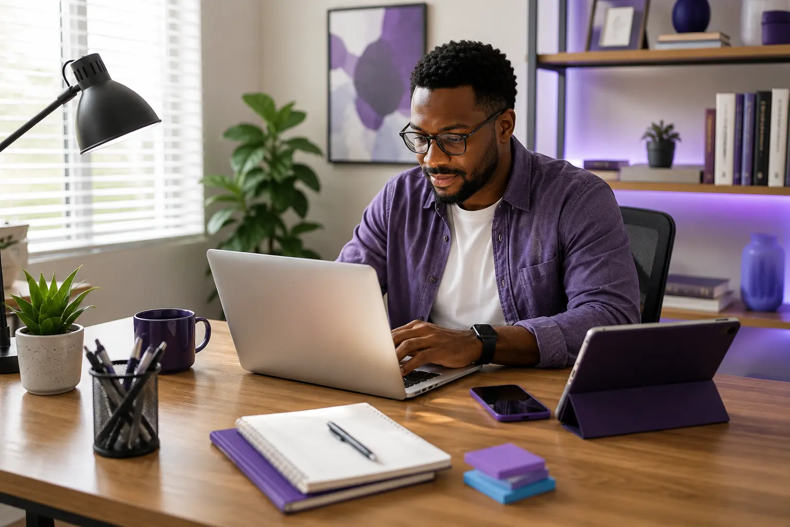 Connected devices in a modern home office A man working on a laptop at a bright home office desk with a tablet, smartphone, and purple and blue accents.