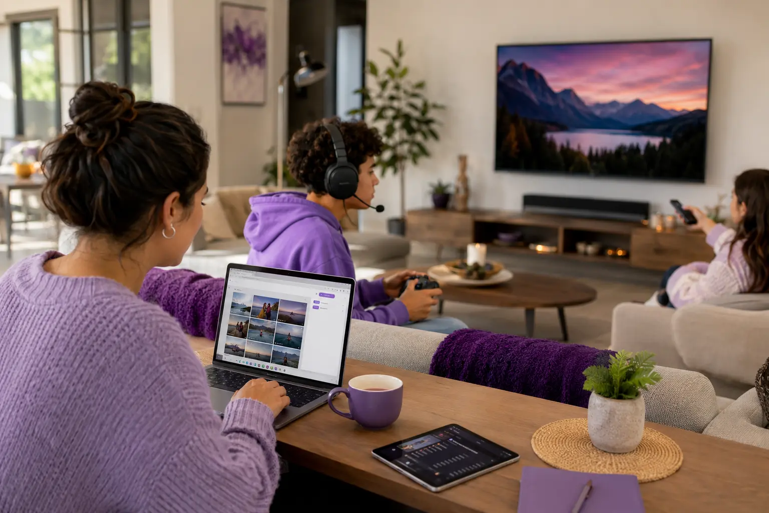 A modern household uses multiple connected devices at once, including a laptop, gaming headset, smart TV, and tablet in a bright living room with purple accents.