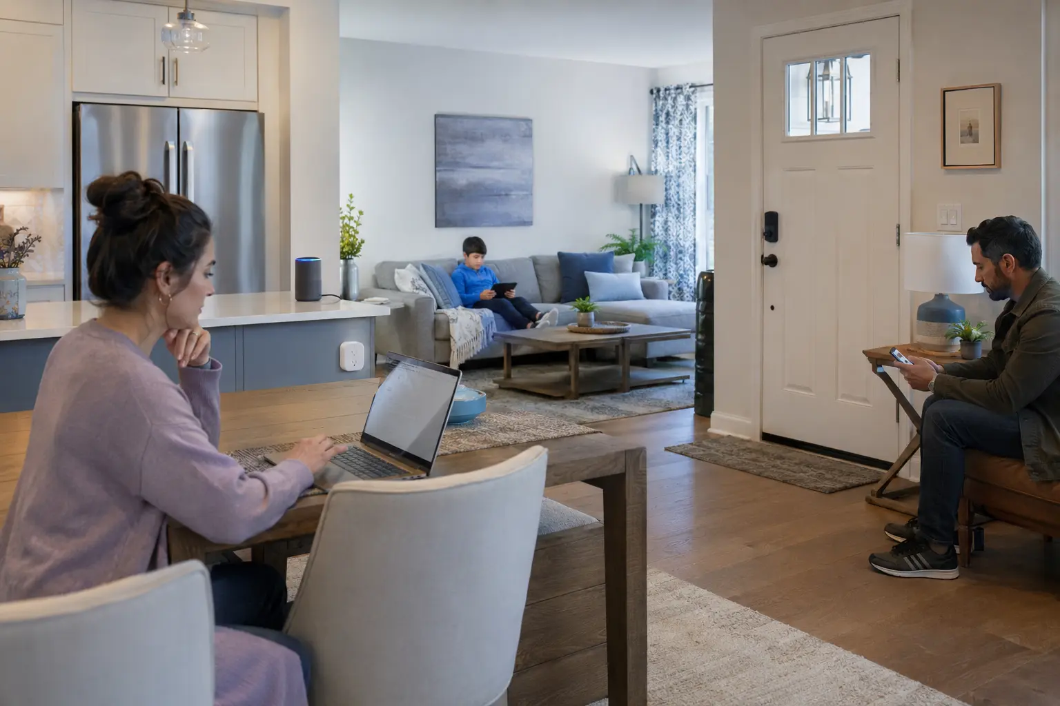 A parent works on a laptop while a child uses a tablet and a guest checks a phone in different areas of a connected home.