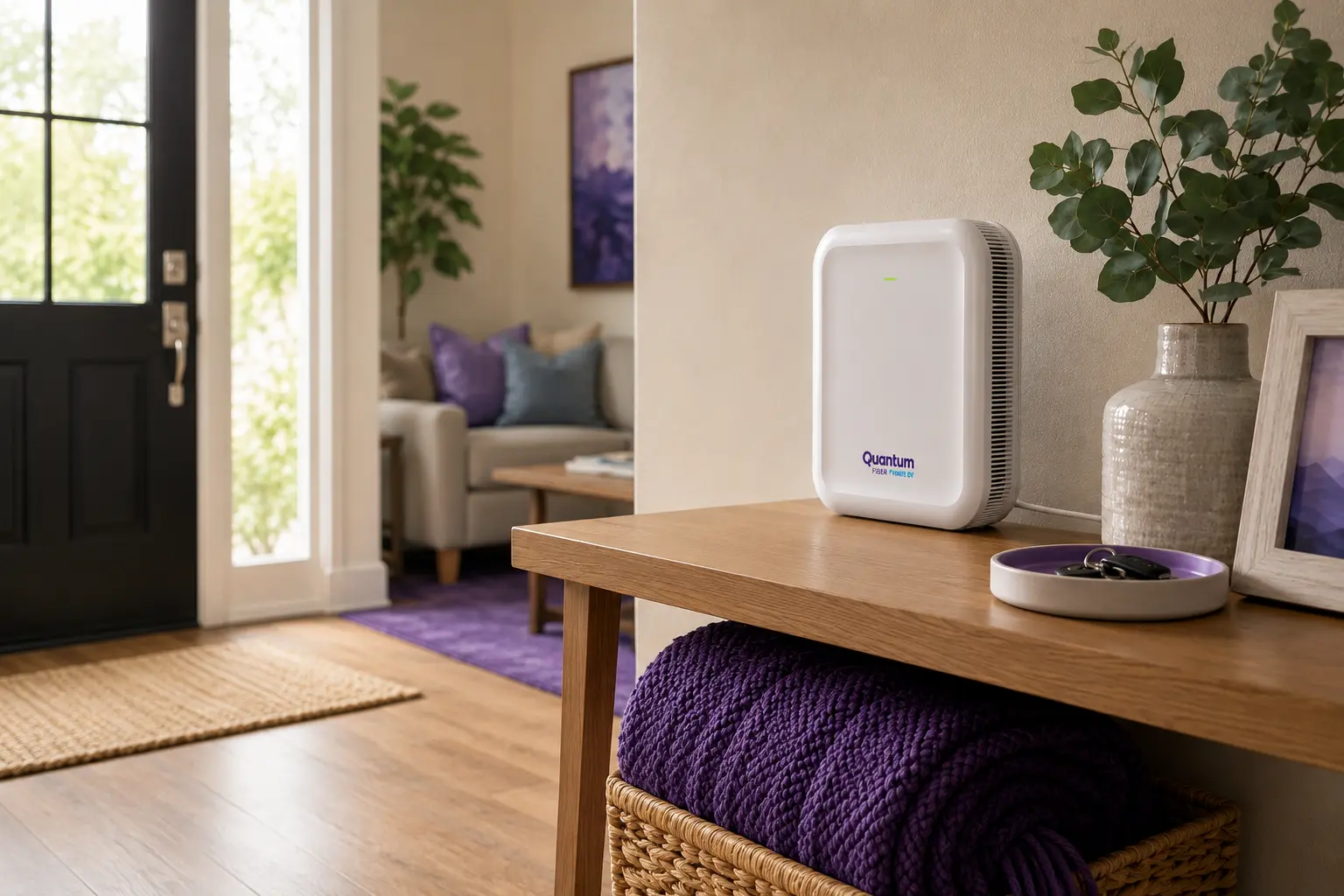 1. Establish your wireless backbone first A white Quantum Fiber Wi-Fi pod on a wooden entryway table with purple and blue home décor accents.