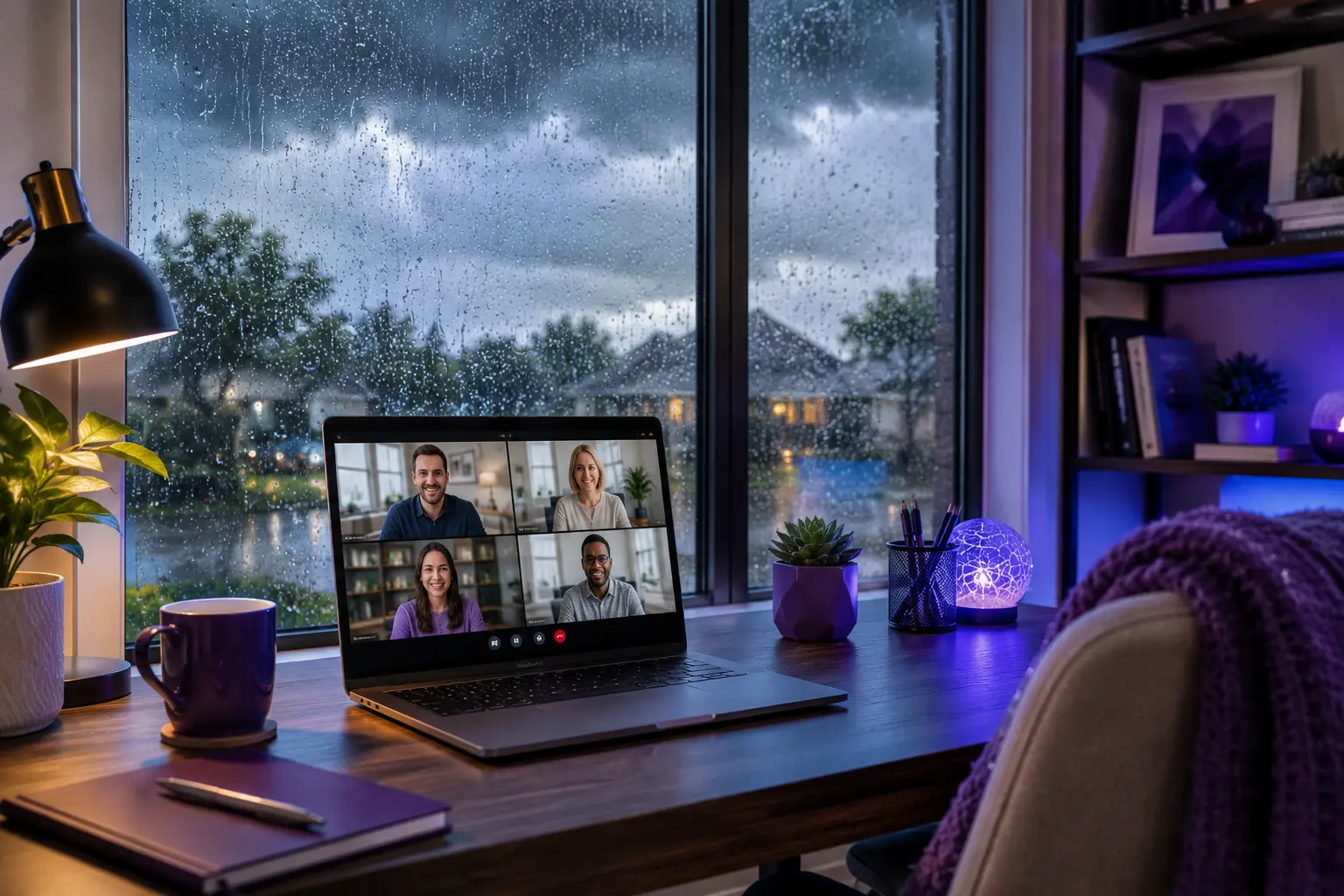 A laptop displays a clear video call in a cozy home office while heavy rain falls outside the window.