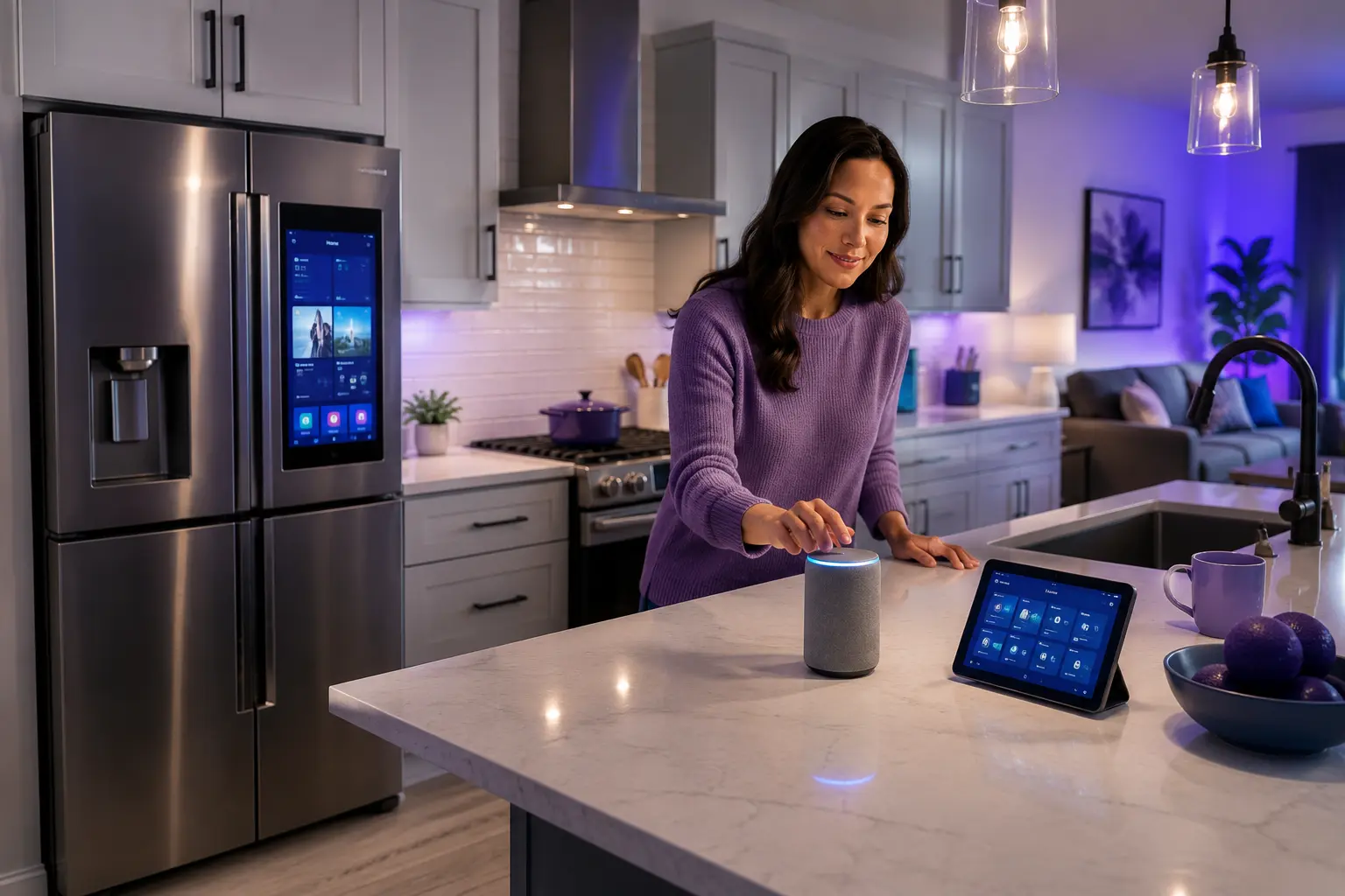 A person interacts with a smart speaker in a modern kitchen with a smart refrigerator and tablet, showing multiple connected smart home devices in use.
