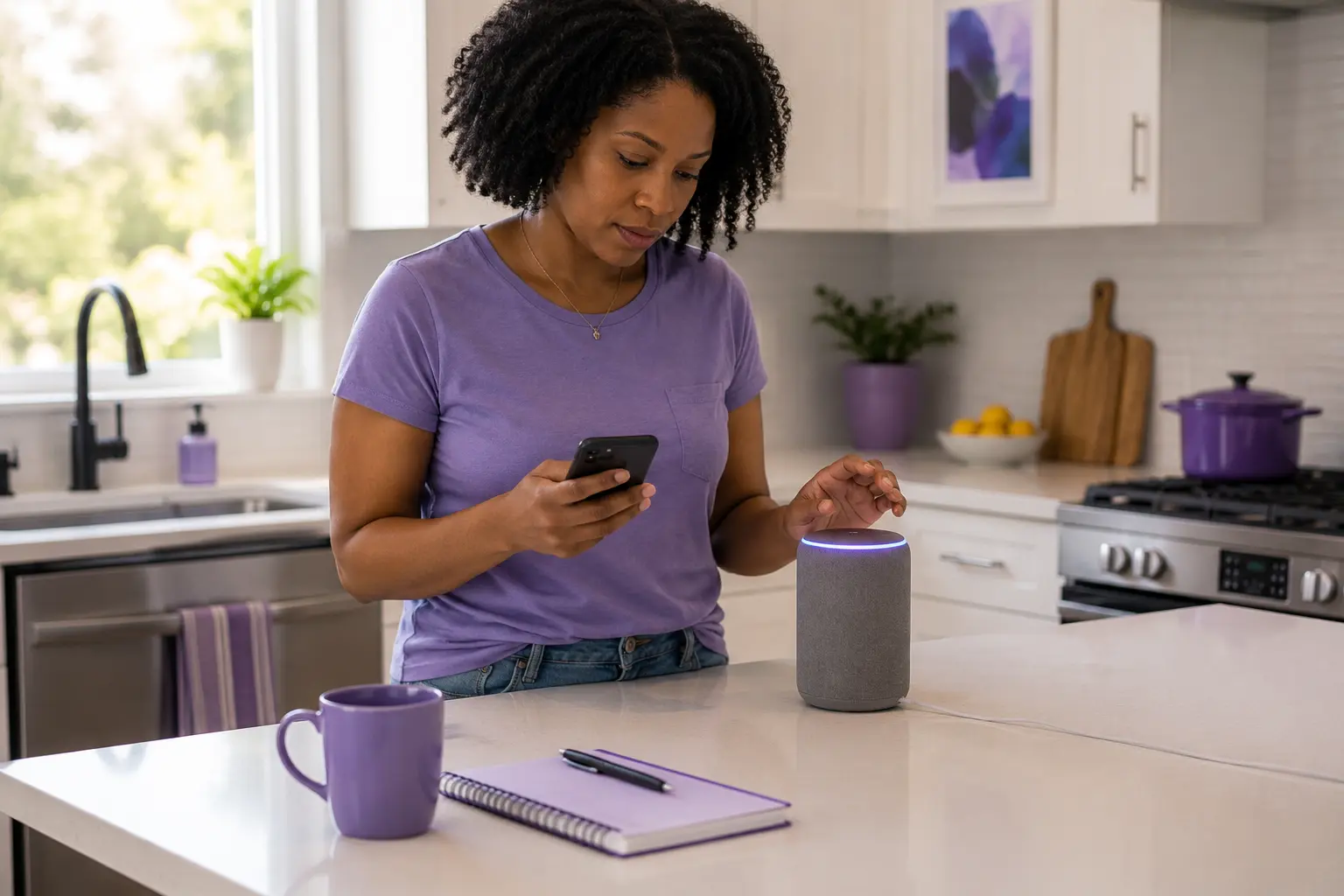 Connecting a smart speaker to Wi-Fi A woman using her smartphone to connect a glowing smart speaker on a bright kitchen counter with purple accents.