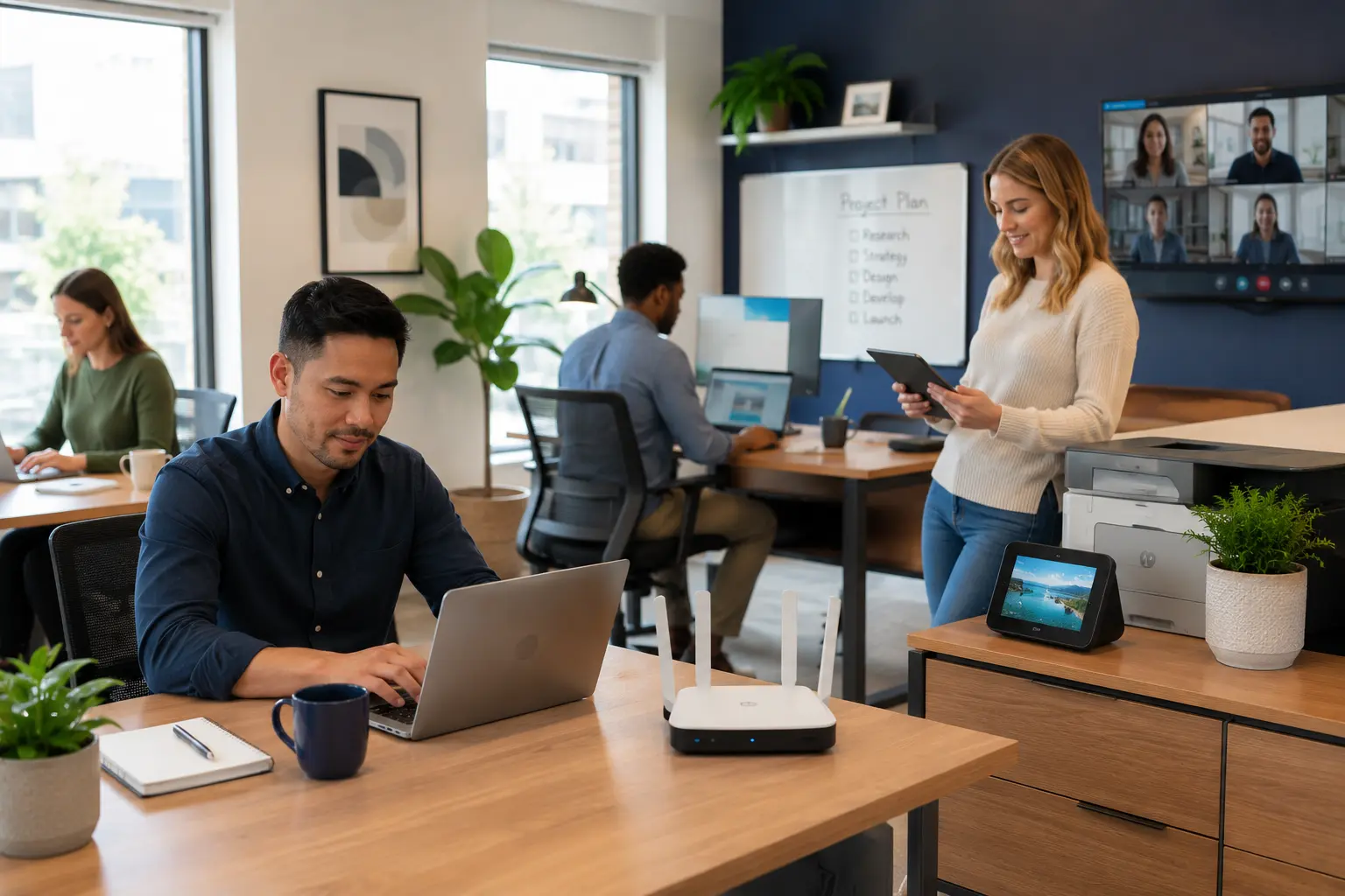 Employees use laptops, tablets, video conferencing, a printer, and connected office equipment in a casual professional office with visible Wi-Fi hardware.
