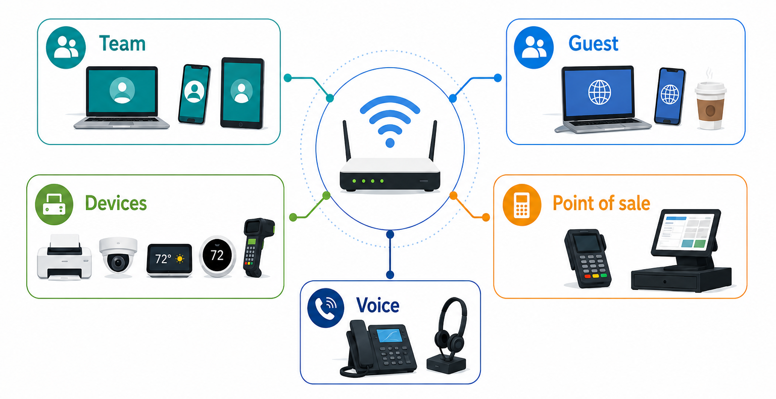 Infographic showing separate business Wi-Fi networks for team members, guests, connected devices, point-of-sale systems, and voice equipment.