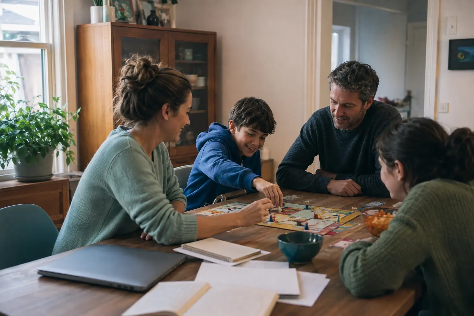 A family spending time together playing a board game at home after reviewing household expenses.