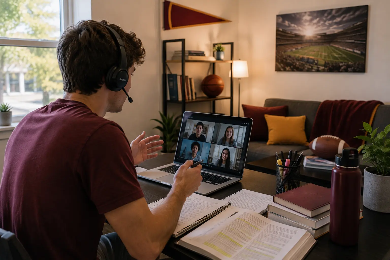 A college student wearing a headset joins a video study group from an off-campus apartment with notebooks, textbooks, and maroon-and-gold sports décor.