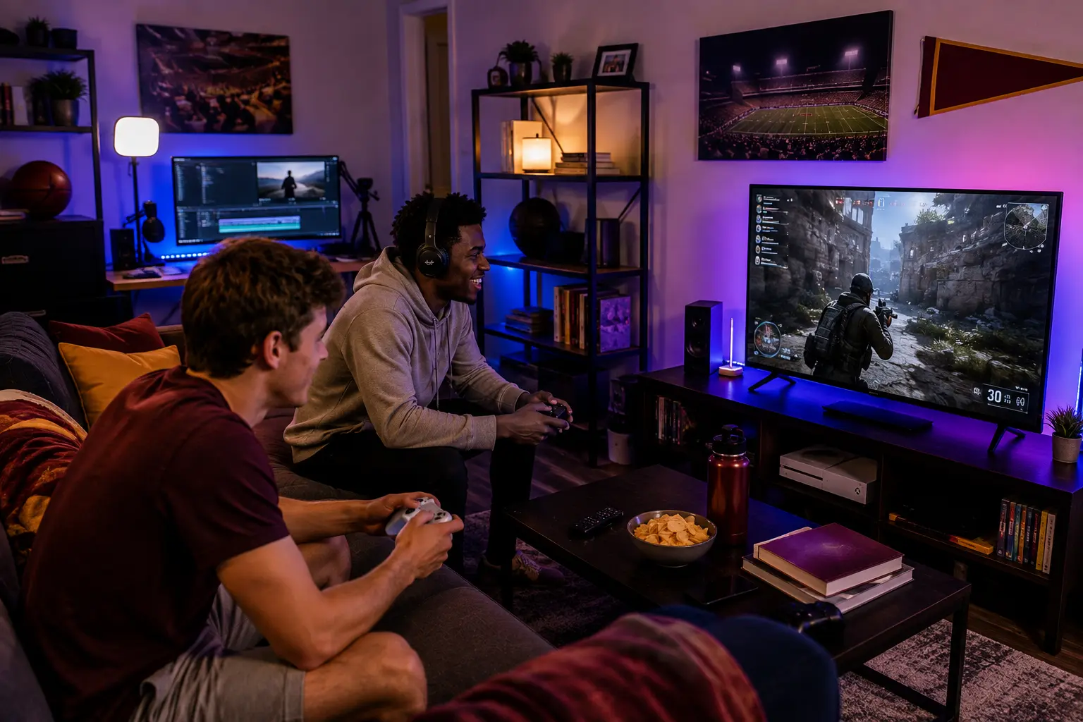 Two male college roommates, one play an online multiplayer game in a shared apartment with RGB lighting and maroon-and-gold accents.