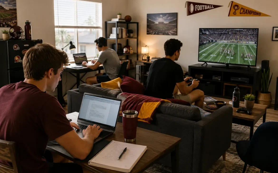 Students using internet in a shared off-campus apartment Three male college students in a shared off-campus apartment use the internet for studying, online work, and gaming, with maroon and gold accents and casual sports decor throughout the room