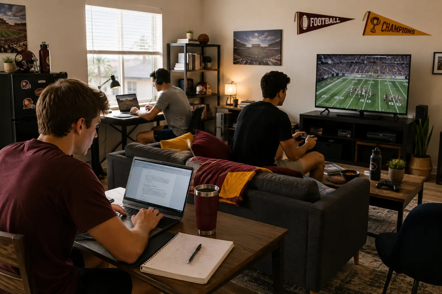 Three male college students in a shared off-campus apartment use the internet for studying, online work, and gaming, with maroon and gold accents and casual sports decor throughout the room