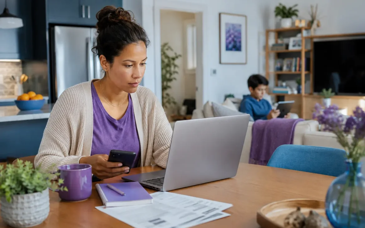 A woman reviewing household expenses on a laptop and smartphone while a child uses a tablet in the background.