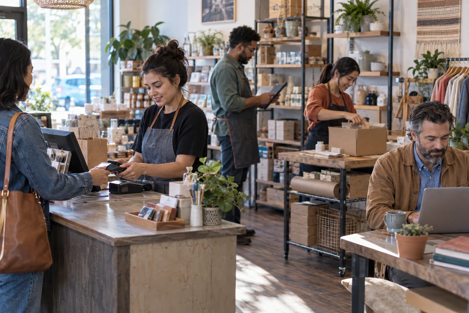 Small retail team processing a payment, checking inventory, managing an online order, and preparing a customer package.