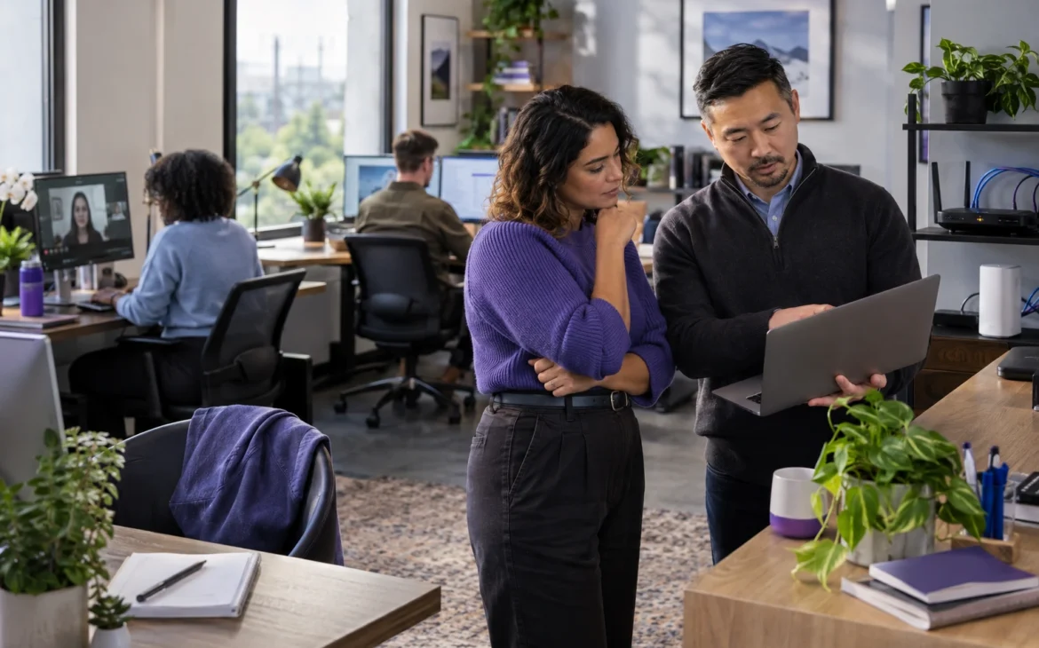Small-business owner and IT consultant reviewing office connectivity while employees work online nearby.