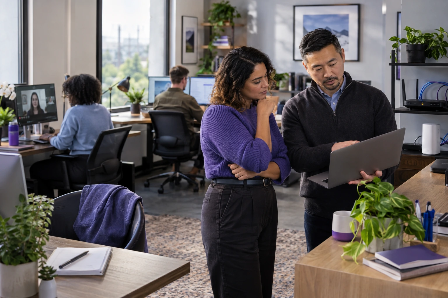 Small-business owner and IT consultant reviewing office connectivity while employees work online nearby.
