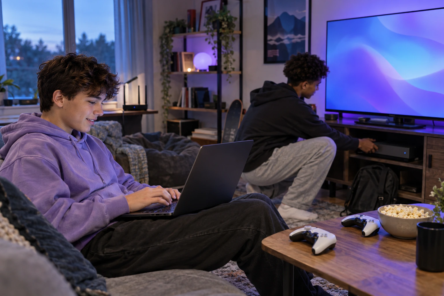 Two teenage friends check a laptop and game console while preparing to play a highly anticipated video game.