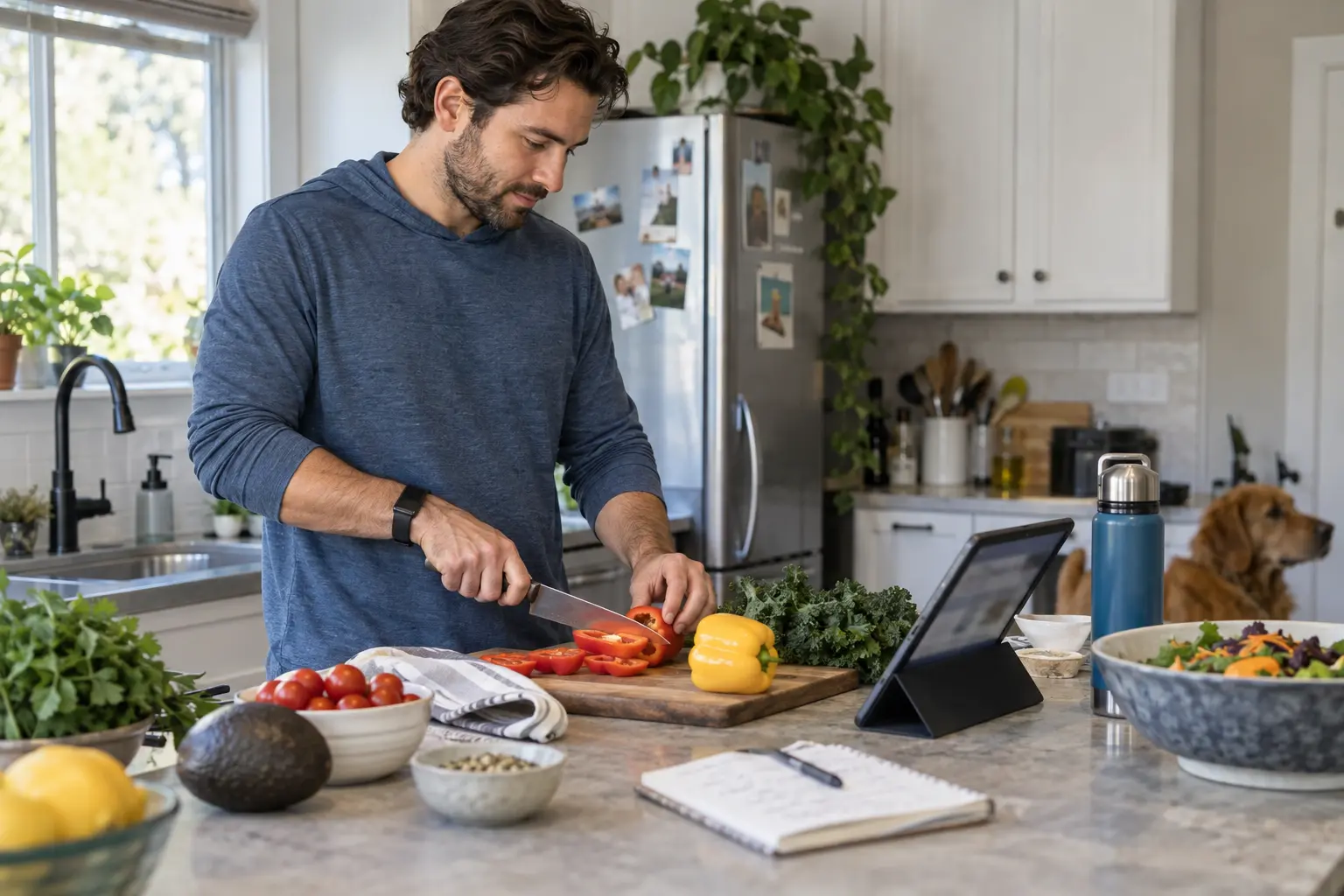 Man follows a recipe on a tablet while preparing a nutritious meal in his kitchen.