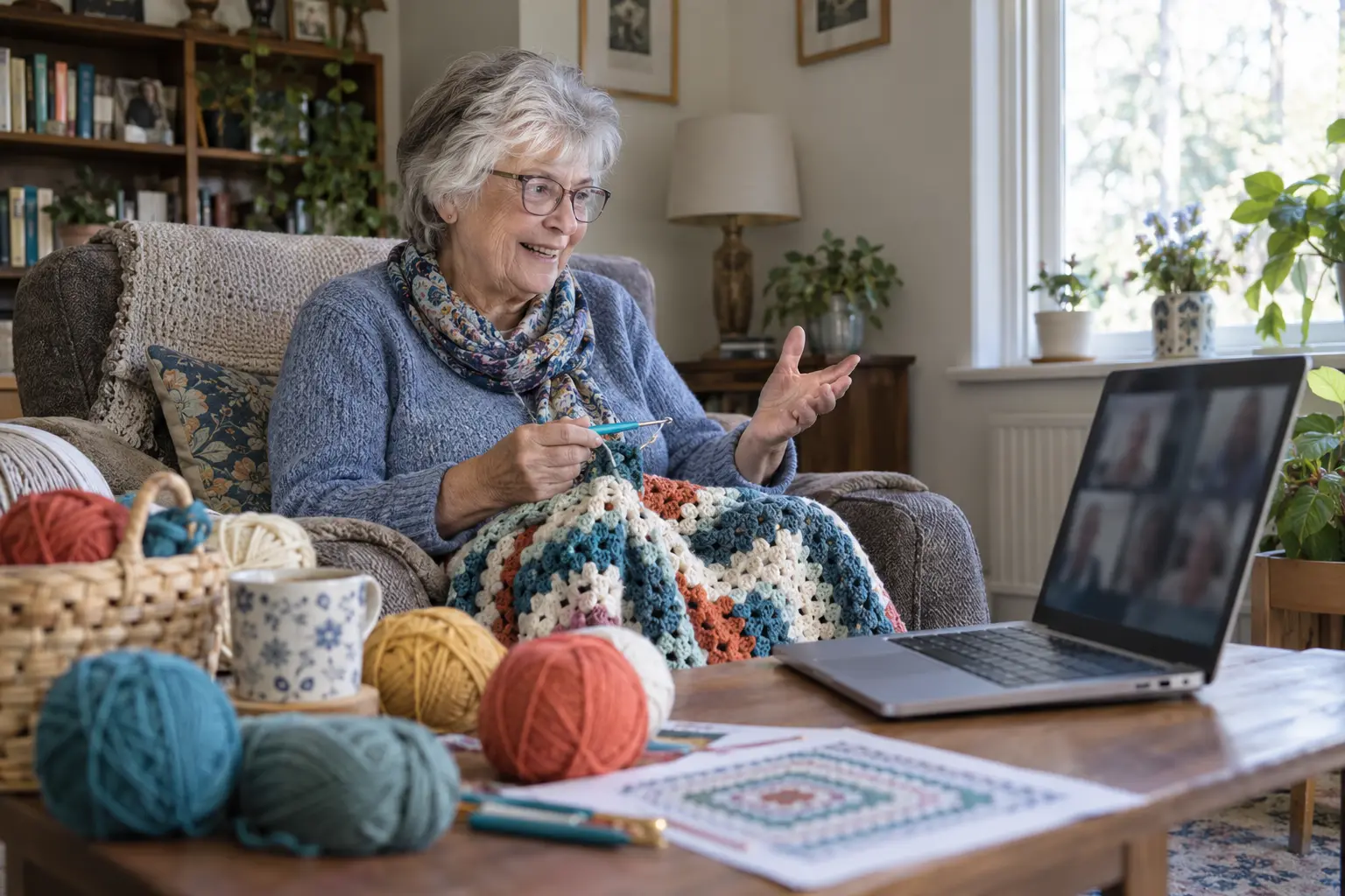 Senior participates in an online crochet group with yarn, hooks, and a colorful project nearby.