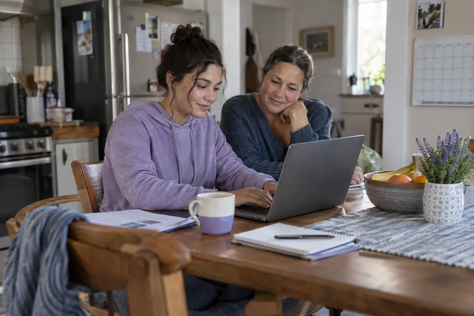 Young adult completes an online application while a family member offers encouragement at home.