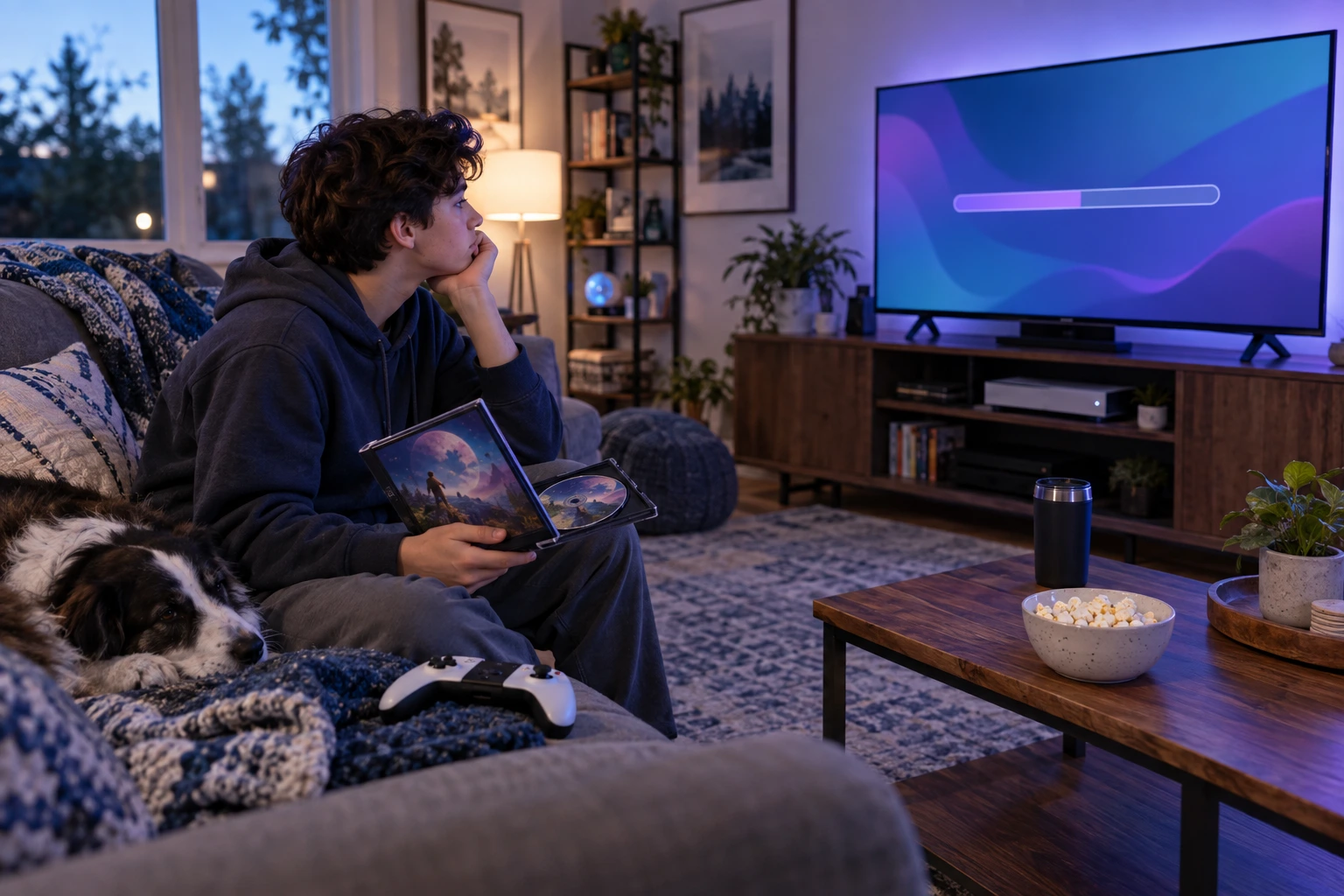 Teenager holding an open physical game case waits for the game to install on the television.