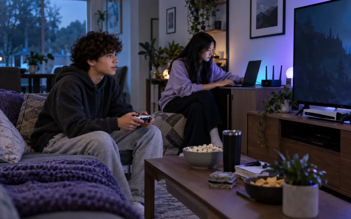 Two teenagers prepare for a video game release while one plays and the other checks a laptop near the Wi-Fi router