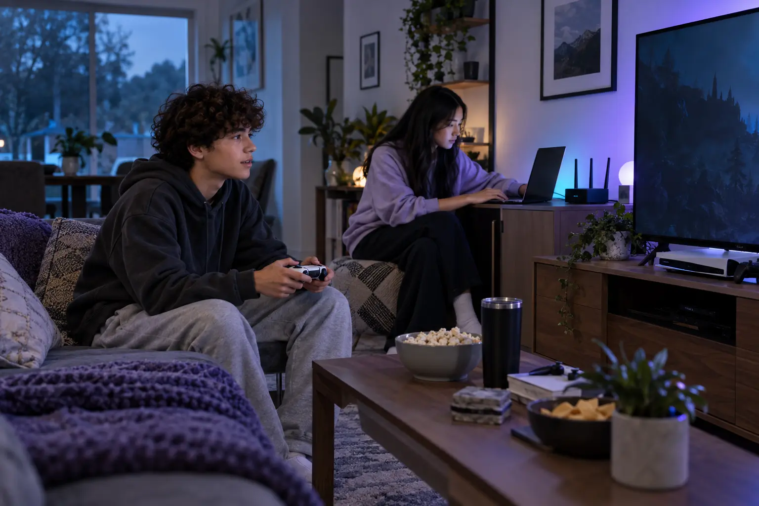 Two teenagers prepare for a video game release while one plays and the other checks a laptop near the Wi-Fi router