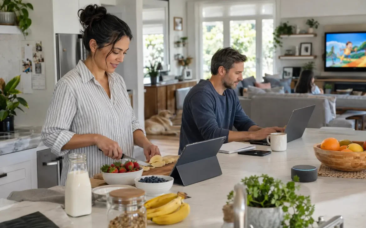 Family uses connected devices for entertainment, household planning, and meal preparation at home.