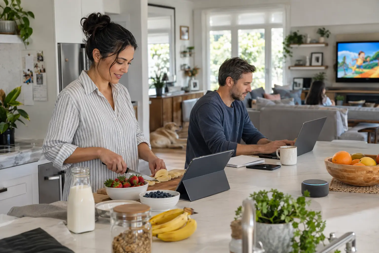 Family uses connected devices for entertainment, household planning, and meal preparation at home.
