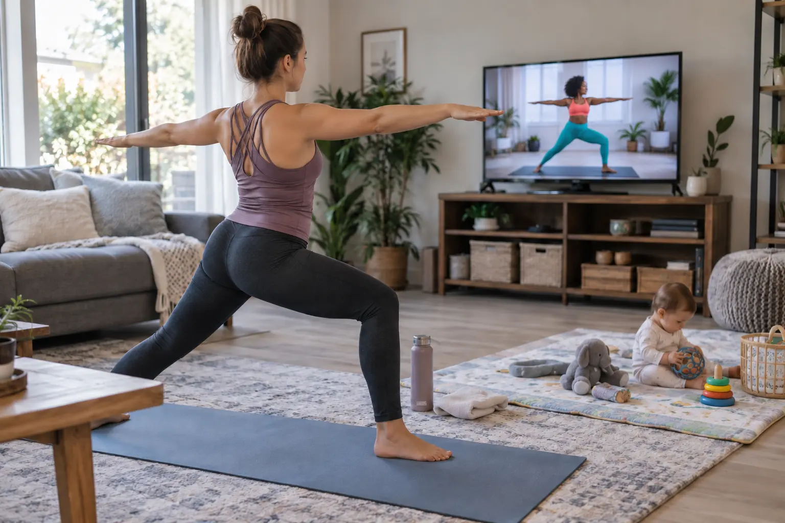 Mother follows a streamed yoga class while her baby plays safely nearby in the living room.