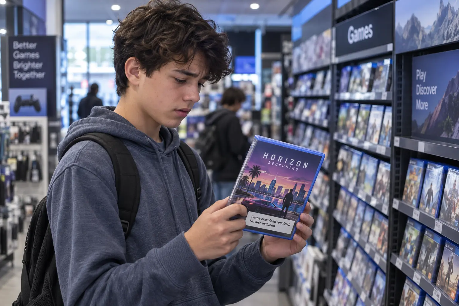 Teenager in a video game store reads a game case stating that a download is required and no disc is included.